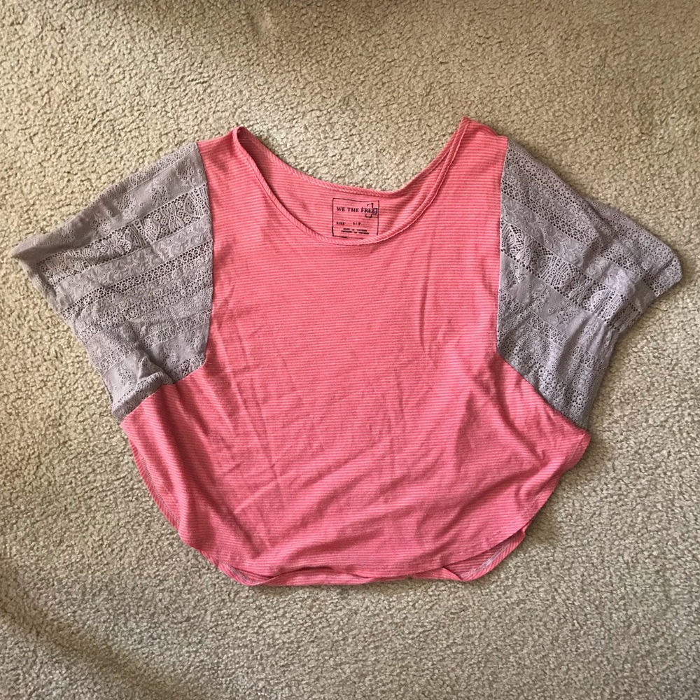 Free people striped  top with lace detail sleeves